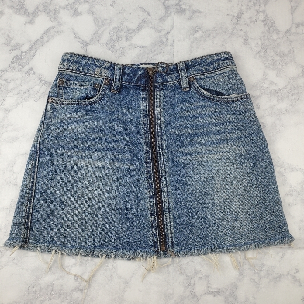 We the Free 24 Zip it Up Denim mini Skirt Raw Hem Full Zip 100% Cotton Blue